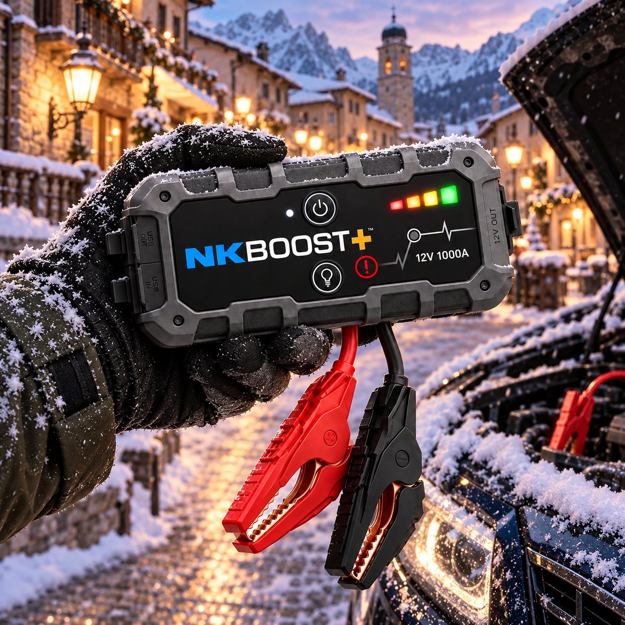 Avviatore NKBOOST+ con pinze tenuto in mano accanto a un'auto innevata