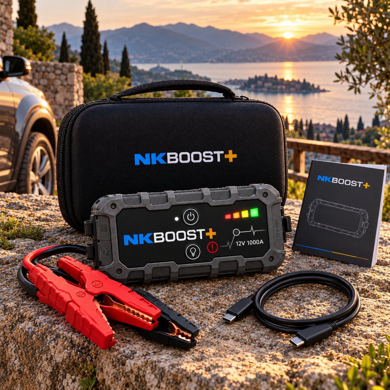 Contenuto della confezione di NKBOOST+: avviatore, pinze, cavo USB-C, custodia e manuale