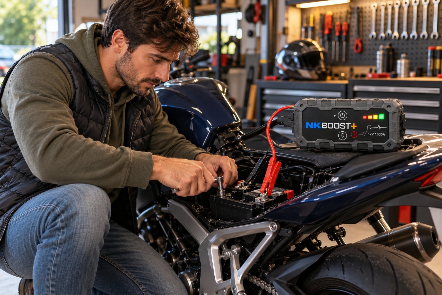 NKBOOST+ collegato alla batteria di una moto